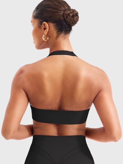 YEOREO Women Halter Sports Bra Light Support V Neck Padded Strappy Open Back Workout Gym Tops Black M
