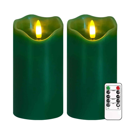 VEEKI Flameless Candles Light, Set of 2 6"x3" Flickering Christmas Flameless Candles with Remote & Timer, Dimmable Real Wax Pillar Candles Battery Operated, Green Candles for Home Xmas Decor (Green)