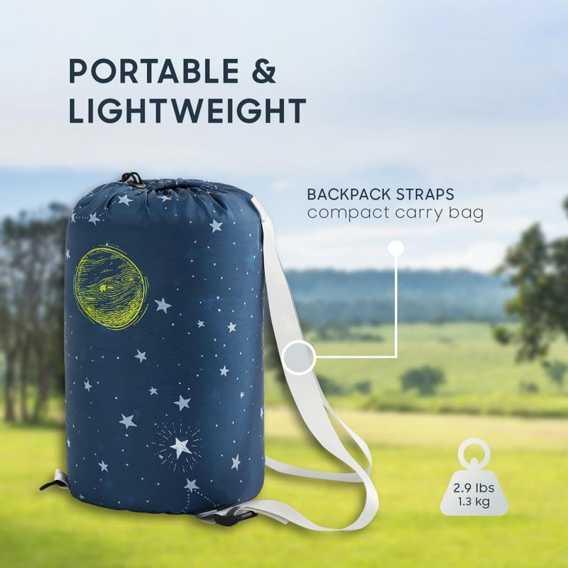 Wake In Cloud - Kids Sleeping Bag for Boys Toddlers, Camping in Warm Cold Weather, Backpacking Lightweight Compact Outdoor Liner for 3 Seasons, Space Stars Rockets Galaxy, Navy Blue
