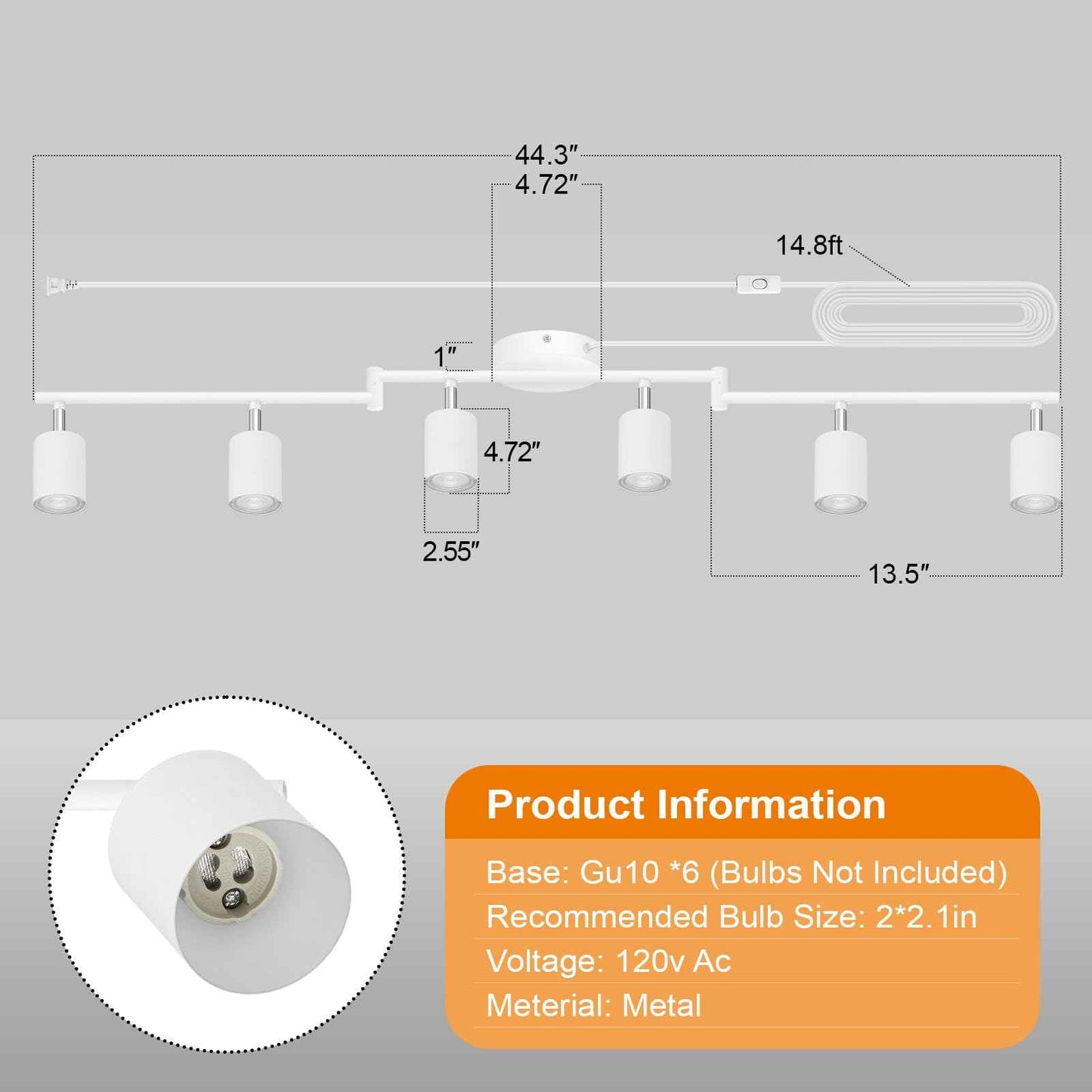 Track Lighting Plug in, LED Track Lighting Fixtures Ceiling Kit, White 6-Light Ceiling Light Plug-in, Wall Light with 14.8ft Power Cord, Rotatable Kitchen Spotlight for Bedroom(GU10 Socket, NO Bulb)