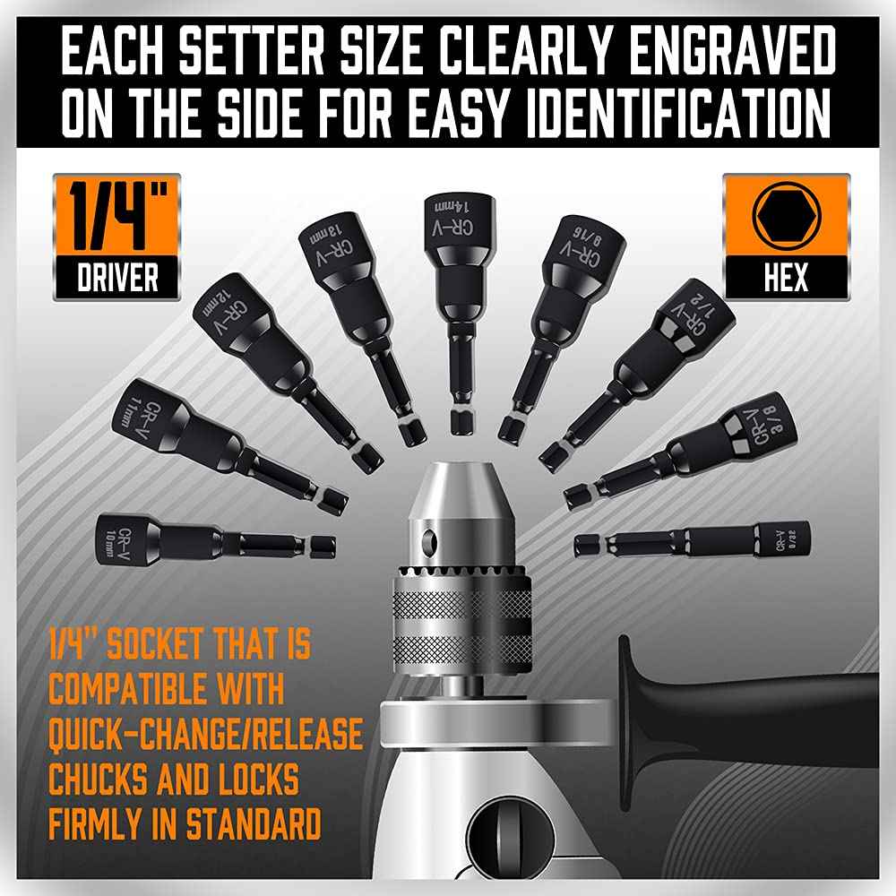 HORUSDY 47Pcs Nut Driver Set SAE and Metric, Impact Magnetic Nut Driver for impact drill, Socket Adapters, Screwdriver Bit Set, Cr-V Steel 1/4" Hex Shank Quick Change,with Storage Case