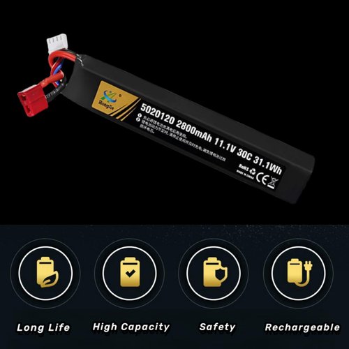 Itexkun 11.1V 2800mAh Airsoft Stick Battery T Plug LiPo Battery 3S 30C Pack for Airsoft Guns AK47,MP5K,MP5,Scar,M249,AUG,AEG