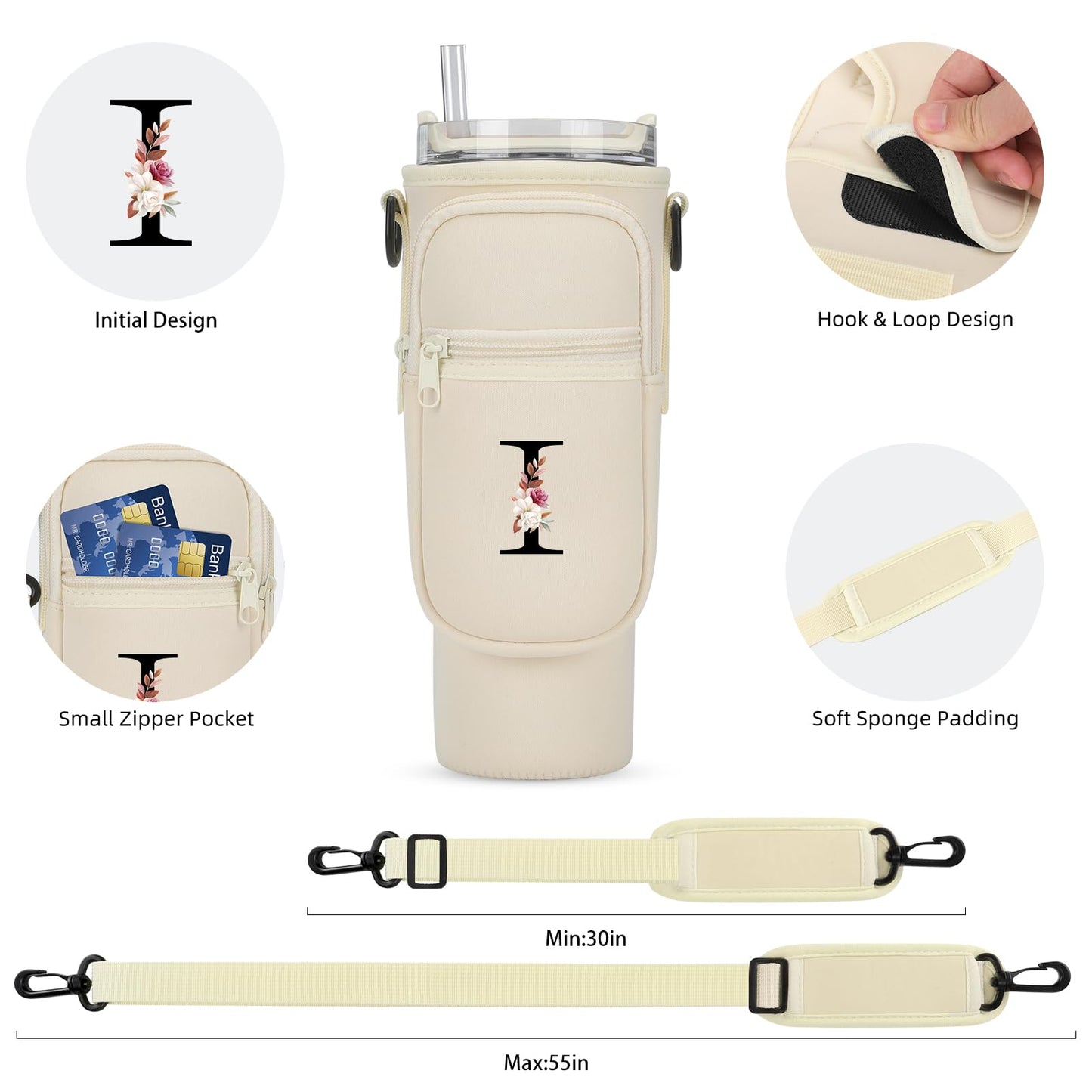 GOEWY Initial I Water Bottle Carrier Bag for Stanley 40 oz Tumbler with Handle Adjustable Strap Phone Pocket Neoprene Water Bottle Pouch for Stanley Cup Accessories