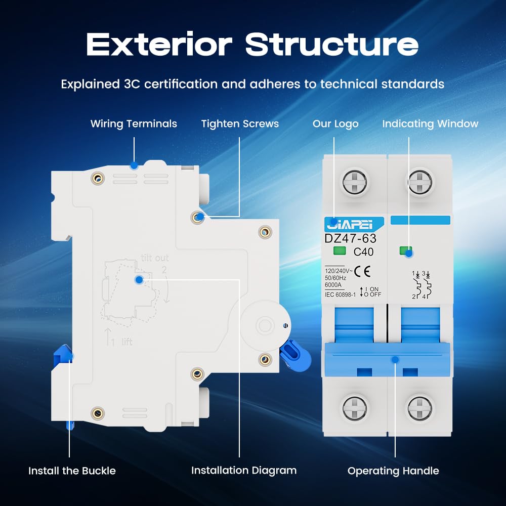 AC Miniature Circuit Breaker, 120V/240V 2 Pole 40 Amp DIN Rail Mount Circuit Breaker, MCB C40 Solar AC Disconnect Switch,Thermal Magnetic Trip