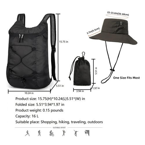 levayhill 16L Foldable Backpack & Bucket Hat 2 In 1 Combo, Lightweight packable Travel Set, Compact Daypack with Sun Hat (Black)