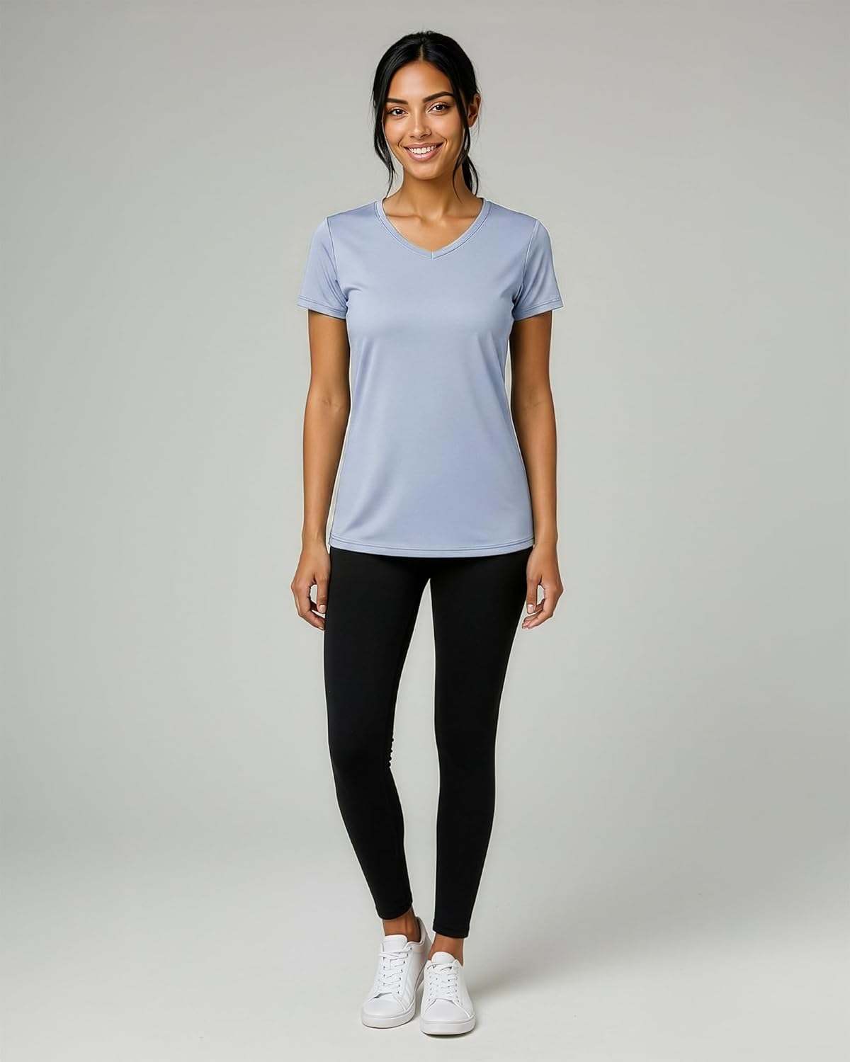 Real Essentials Women's Dry-Fit V-Neck Short Sleeve T-Shirt - 5 Pack Workout Yoga Tops | Plus Size Available