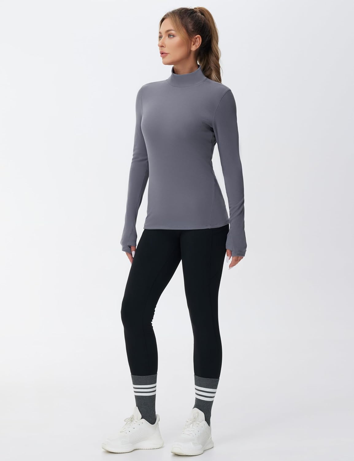 The Gym People Women's Fleece Thermal Mock Turtleneck Long Sleeve Shirt - Cozy Pullover with Thumb Hole