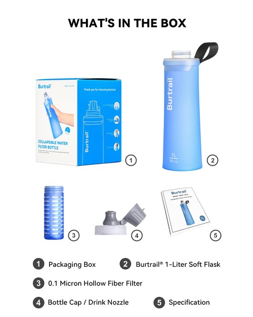 Burtrail 1.0L Collapsible Water Filter Bottle, BPA-Free Ultralight & Durable Squeeze Bottle with 42mm Filter Cap Cartridge, Filtered Water Bottle for Camping, Hiking, Backpacking, Survival & Travel