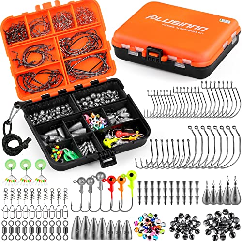 PLUSINNO 201pcs Fishing Tackle Kit with Box – Includes Hooks, Weights, Swimbait/Spinner Blades for Bass Trout Bluegill Crappie