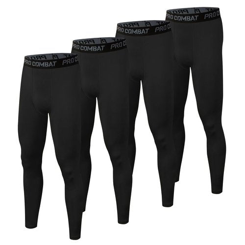 HYCOPROT 4 Pack Men's Compression Pants Tights Athletic Leggings Cool Dry Workout Baselayer Bottoms for Running Yoga Gym Black