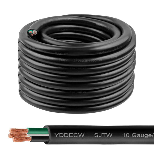 YDDECW 50ft 10/3 10 AWG SJTW 300V Wire (3 Conductor) - 10 Gauge SJTW Cable with UV-Resistant Jacket for Motor Leads, Battery Chargers and Machine - 3 Conductor - 50 Feet Electrical Wire