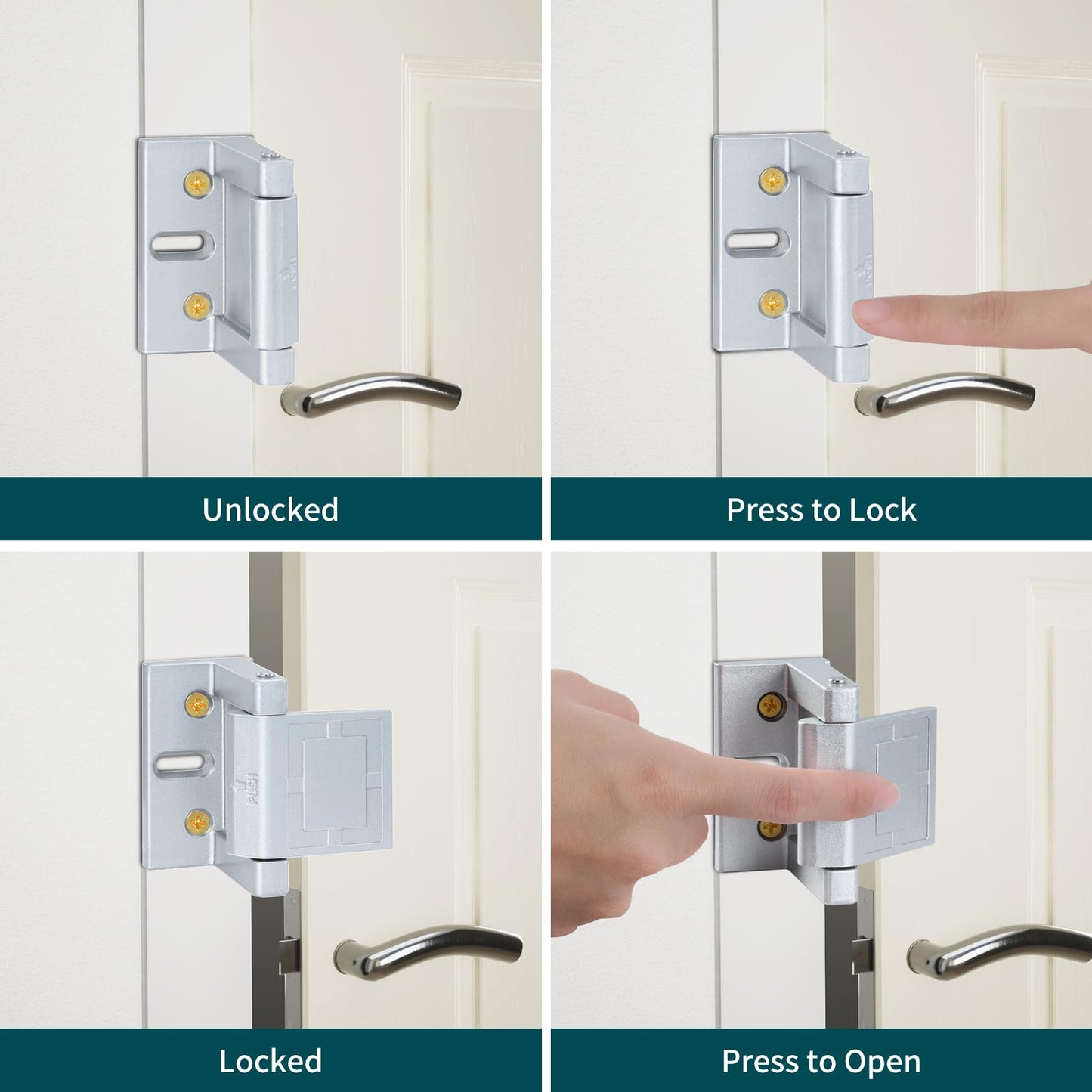 JIADAXIN 2 Pack Door Latches for Top of Door, Silver Door Reinforcement Lock for Home and Hotel, Security with Stainless Steel Screws