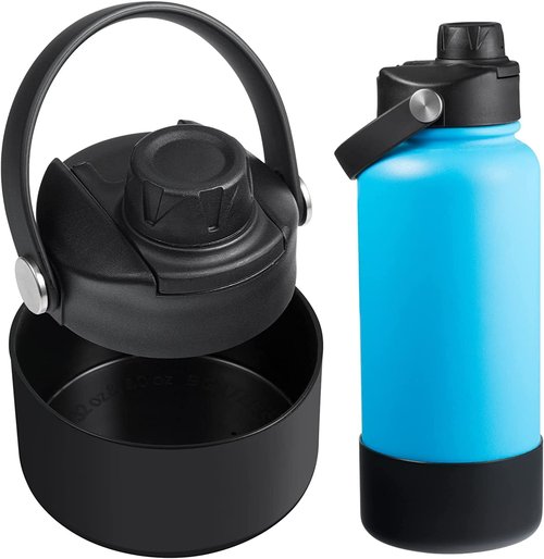 Wide Mouth Lid Replacement with Silicone Boot for Hydro Flask– 20 32 40 64 oz Chug Cap & Bumper Set, BPA Free Spout Top with Flex Handle, Protective Boot for Noise Reduction & Non-Slip (Black)