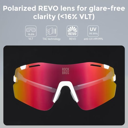 ROCKBROS Performance Cycling Glasses Polarized Sports Sunglasses with 3 Interchangeable REVO Lenses,Photochromic Sunglasses,Polarized and Yellow,TR90 Ultra-Light Frame,UV400 Protection,White and Pink