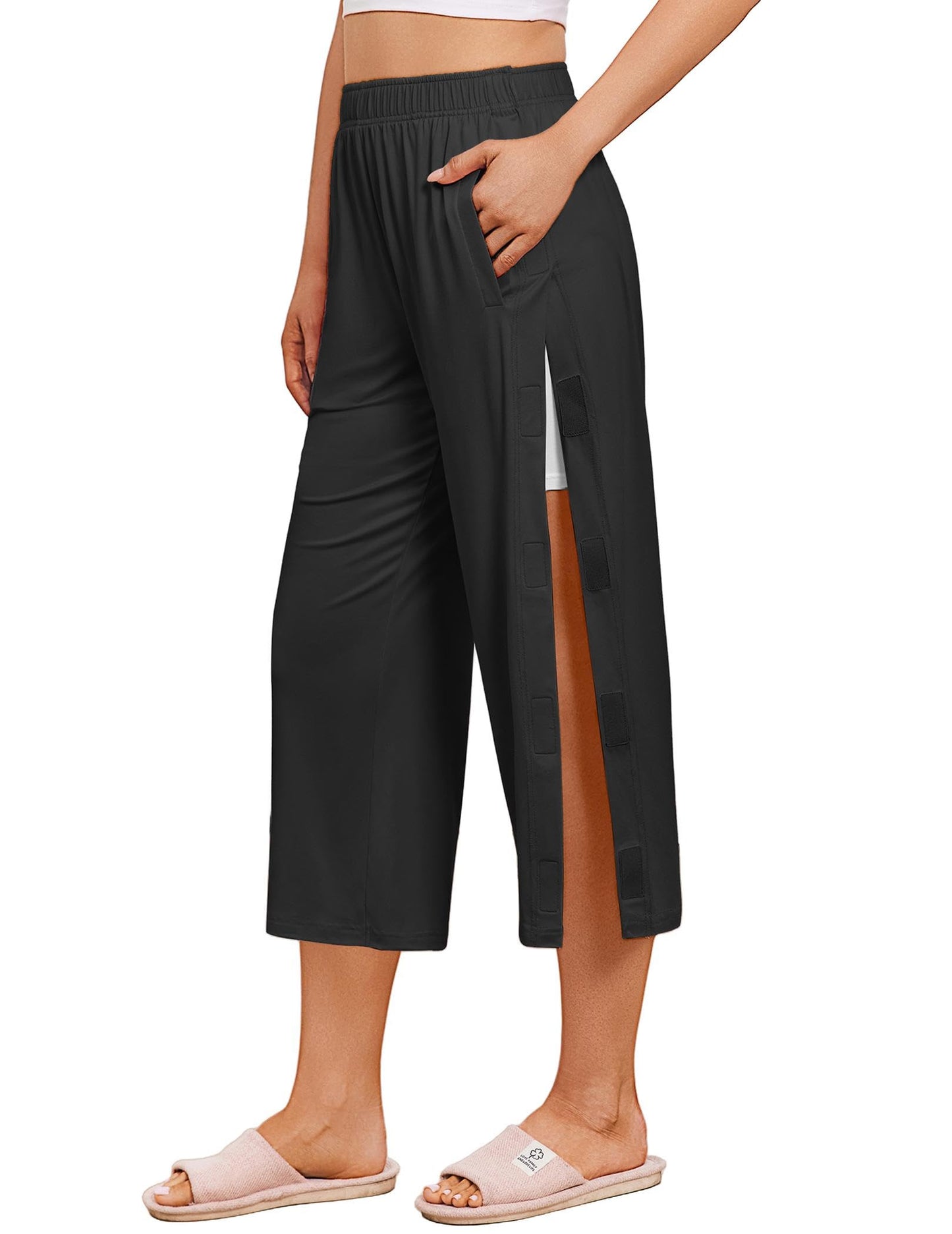 Deyeek Womens Tear Away Pants Capri Post Knee Ankle Replacement Surgery Pants Breakaway Sweatpants Side Snap with Pockets Black