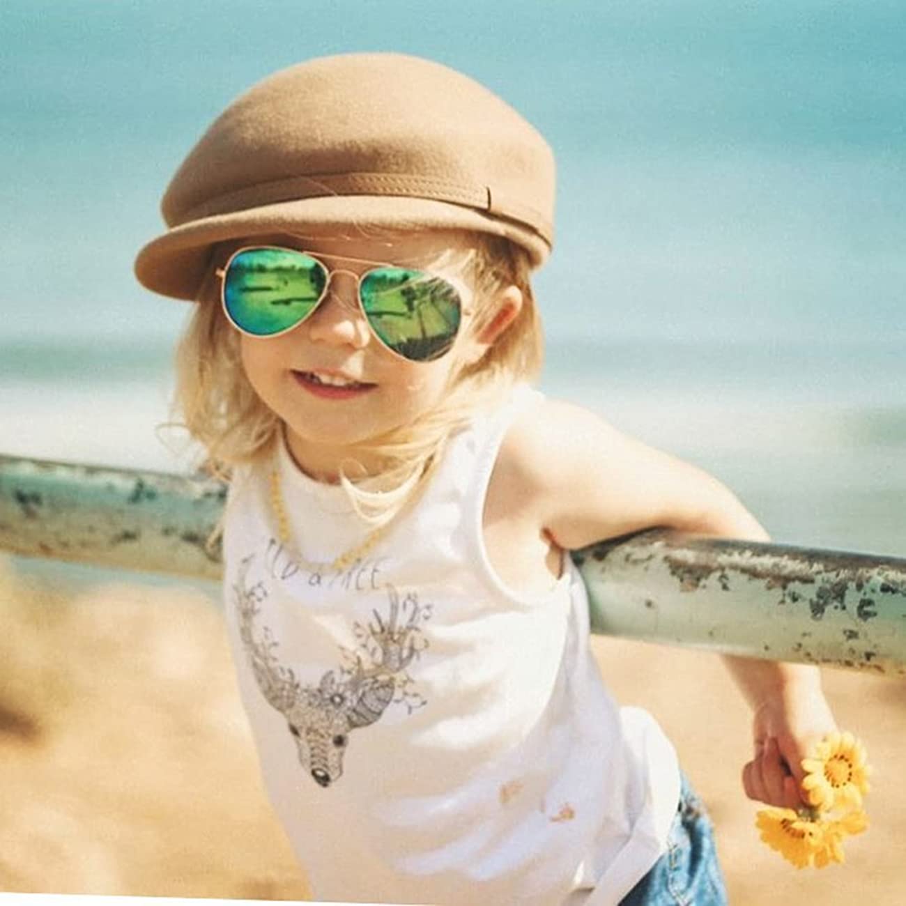 Kids Small Polarized Aviator Sunglasses for Girls and Boys Age 4-16 (Black/Grey + Silver/Grey)