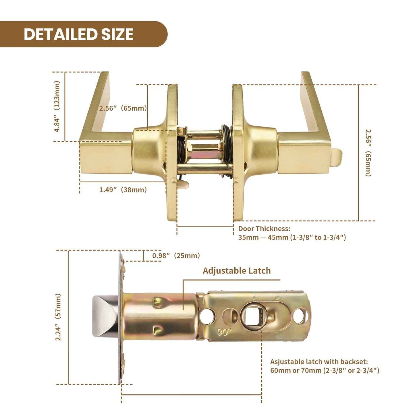 5 Pack Door Knobs Interior, Bedroom Locking Door Knob, Satin Brass Entry Door Handles, Gold Door Lever Same Key, Reversible for Left Right Sided Doors