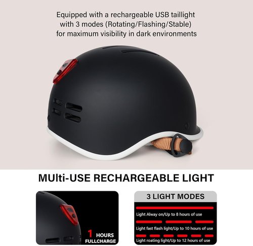 Exclusky Bike Helmet - Adjustable Safety Certified Cycling Helmet for Men & Women | USB Rechargeable Rear Light