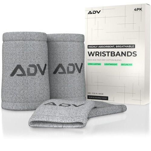 ADV Tennis Wristbands with New Age Polyester Cotton Blend - Ultra Absorbent Wrist Sweatbands - Doublewide & Slim Wrist Bands for Sweat - 4 Pack or 2 Pack (4-Pack Gray, M/L)