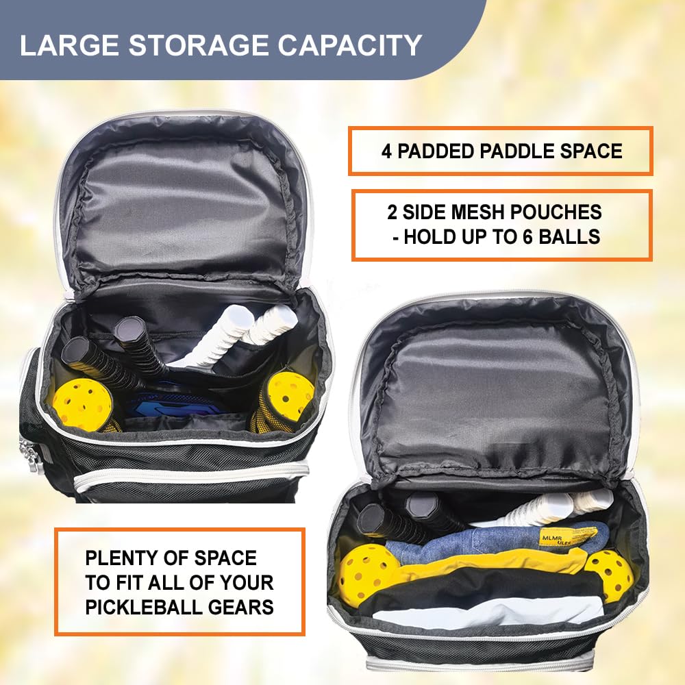 Pickleball Bag Deluxe Backpack Fits 4 Paddles and 10+ Balls - Shoe Compartment, Fence Hook, Storage Pockets, Adjustable Sling, Pickleball Accessories Equipment Bag