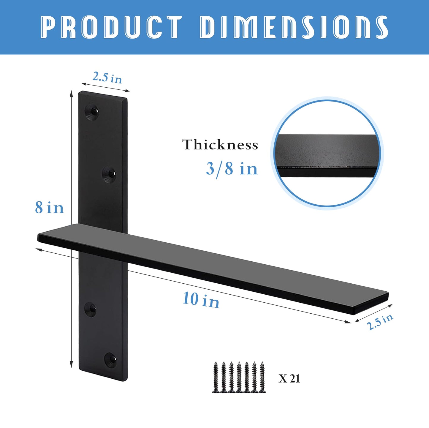 Floating Shelf Bracket 3/8" Thick Heavy Duty Shelf Brackets 4 Pack Free Hanging Countertop Support Bracket 10" Lx2.5 W Floating Wall Brackets for Cabinets, Granite, Dishwasher, Bench Seats Vanities