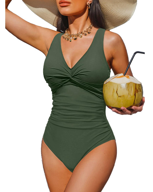 Holipick Solid Army Green Tummy Control One Piece Swimsuit Full Coverage Bathing Suit M