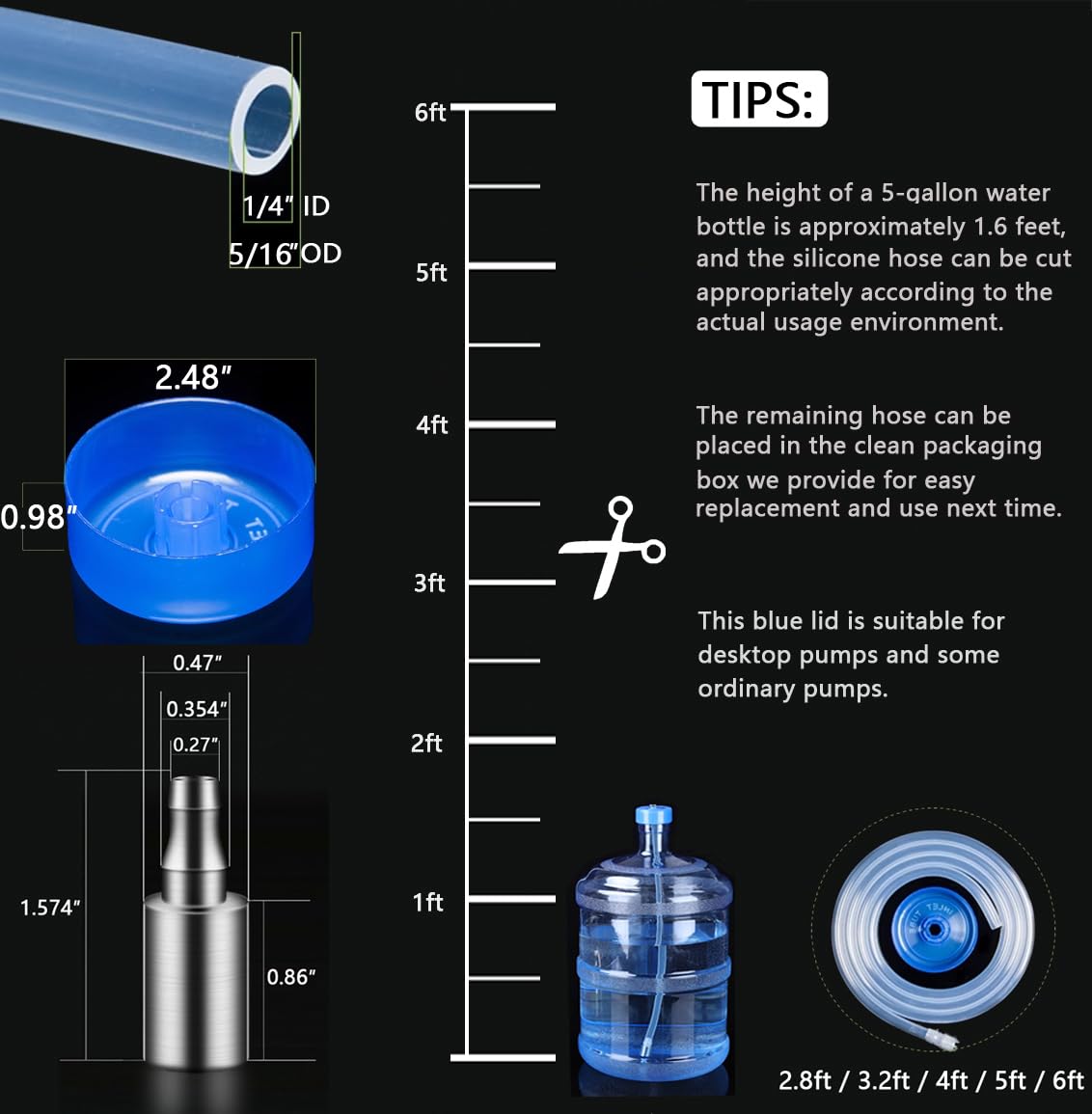 Food Grade Silicone Water Pump Hose and Weight Block Set for 5 Gallon Water Bottle Pump,Rubber Pipe Hose Tube Replacement for Charging Automatic Drinking Water Pump and Desk Water Dispenser (Ft 3.2)