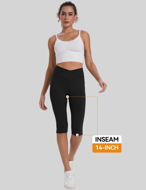 CHALLMOTI Women's Knee Length Capri Leggings with Pockets Yoga Workout Capris Pants Stretch for Running Casual Black M
