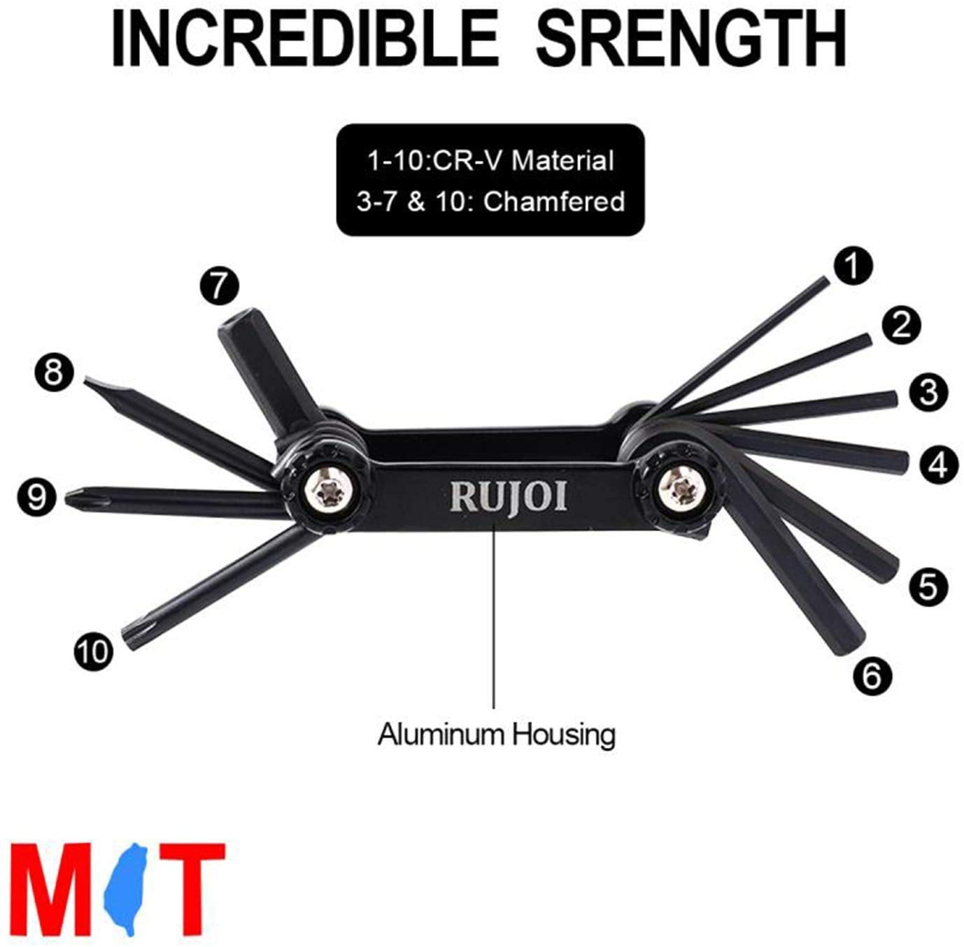RUJOI Bike Repair Set Bag Tool Kit, 10 in 1 Multi Function Tool Kit Hex Key Allen Wrench,2PCS Staniless Tire Lever,6 PCS Glueless Tire Patch Kit Repair with MTB and Road Bike