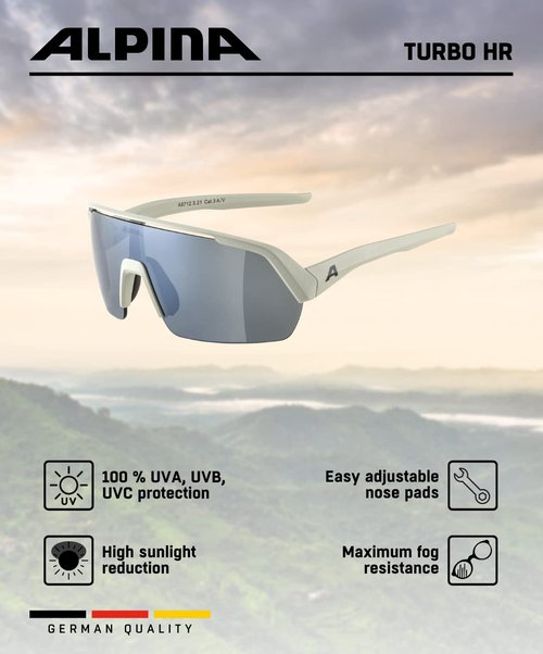 ALPINA TURBO HR, Mirrored, Hydrophobic & Anti-fog Cycling Glasses for Men & Women, 100% UV Protection, cool grey matt, one size