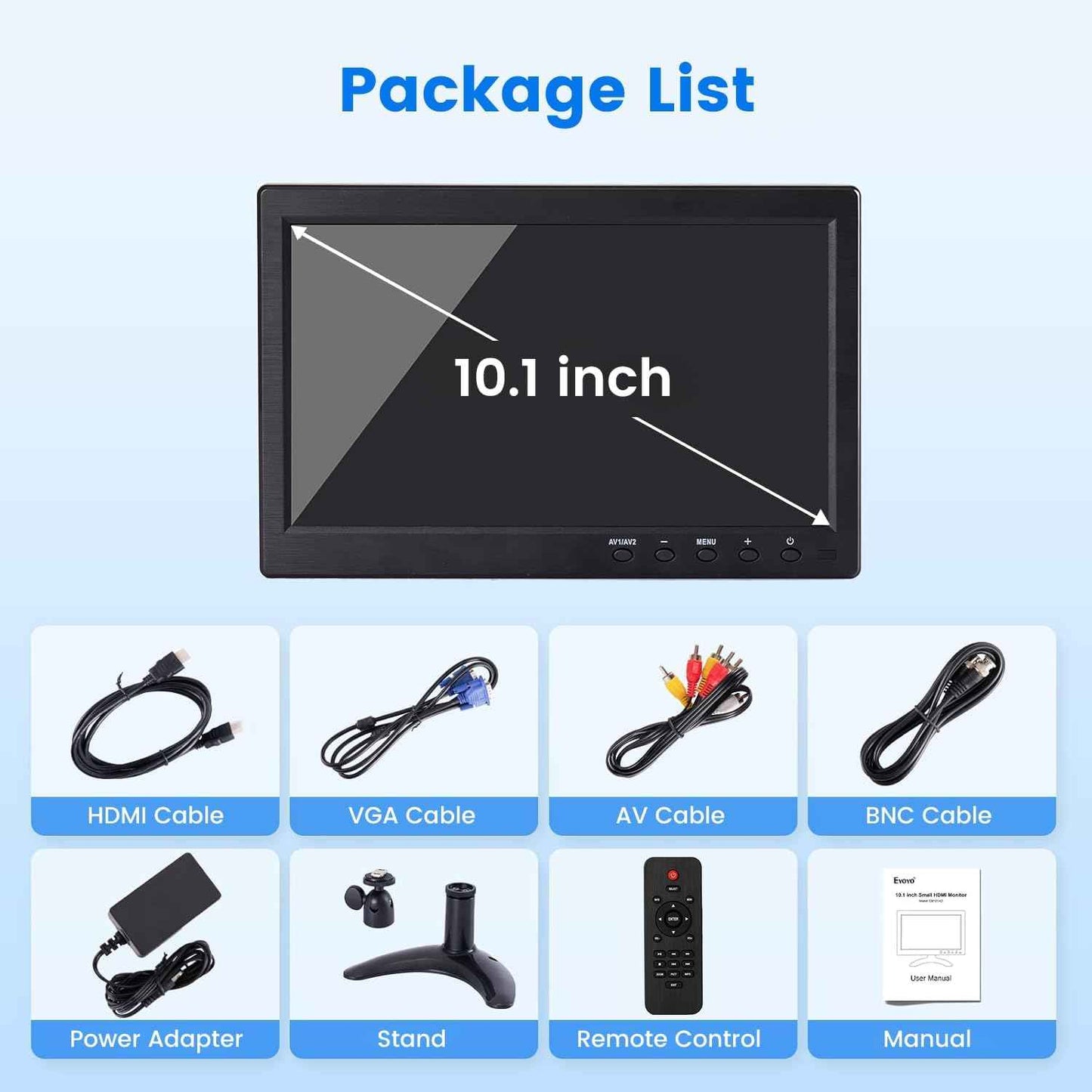 10.1 Inch Eyoyo Security Monitor - 1366x768 HDMI VGA AV BNC USB, Built-in Speakers for CCTV & PC