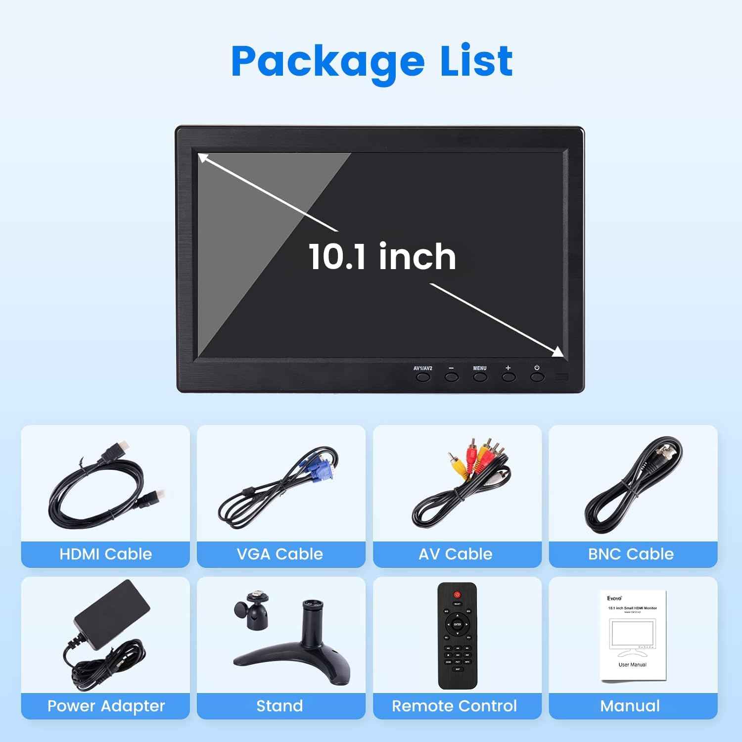 10.1 Inch Eyoyo Security Monitor - 1366x768 HDMI VGA AV BNC USB, Built-in Speakers for CCTV & PC