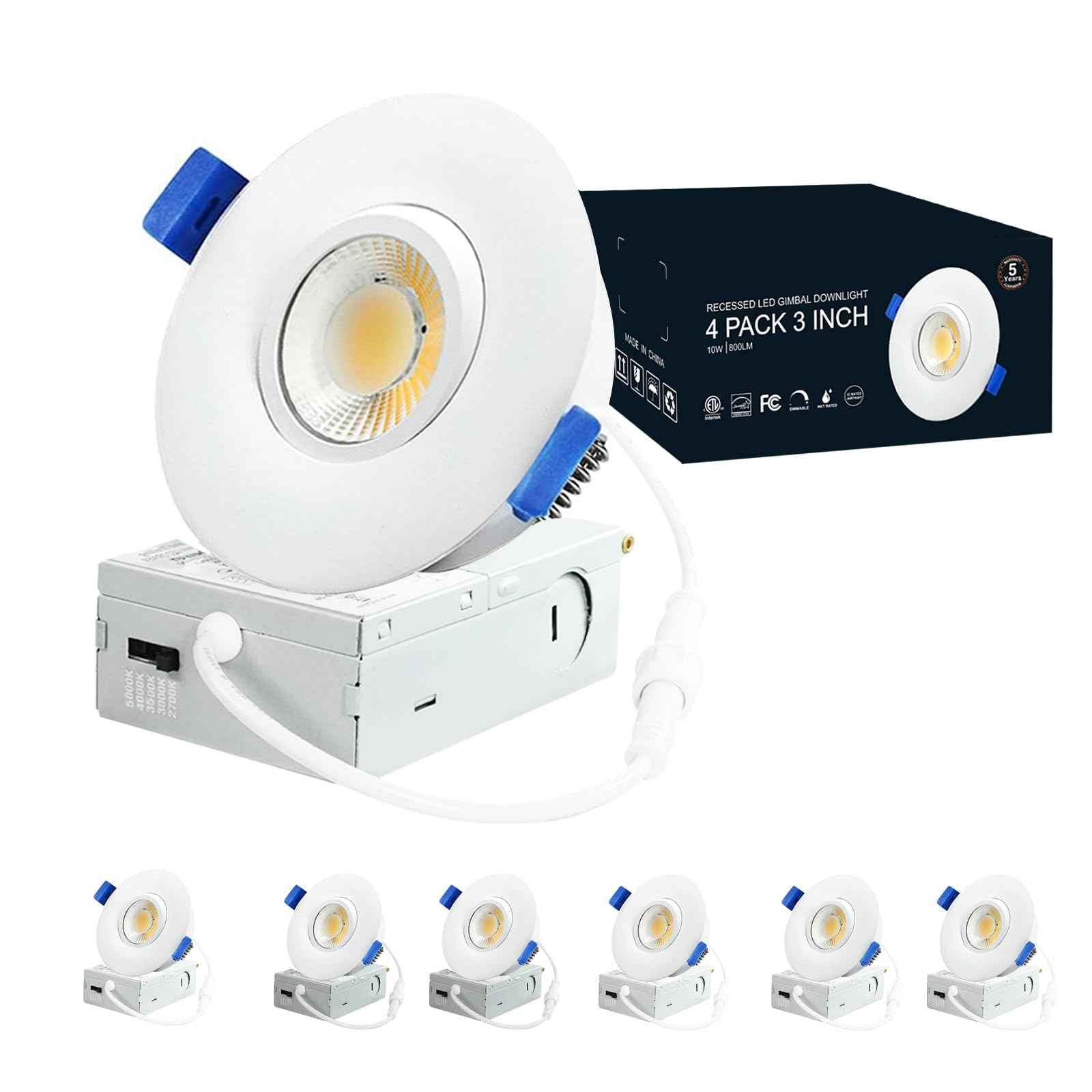 LULIT 6 Pack White 3-inch 5 CCT Gimbal LED Recessed/Downlight Color Selectable 2700K/3000K/3500K/4000K/5000K 800Lm 10W 120V Dimness Adjustable LED Lights