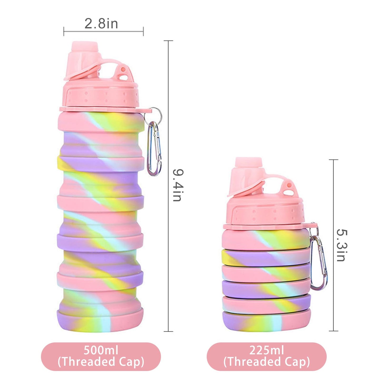 YCTMALL Collapsible Water Bottles Two Pack Travel Sports Portable Sport Water Bottle comes with mountaineering Buckle 500ml silicone Water-proof camping water bottle (Blue camouflage+Pink camouflage)