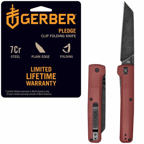 Gerber Gear Pledge Pocket Knife with Pocket Clip - 3.7" Full Panel Plain Edge Blade Folding Knife - EDC Gear and Equipment - Drab Red