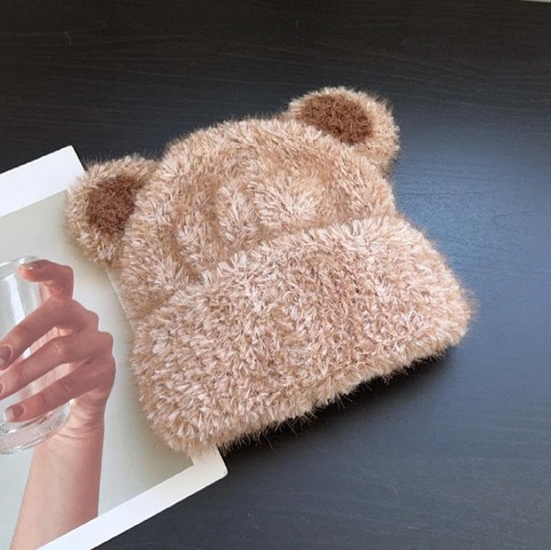 URAWOW Kawaii Bear Beanie Plush Hand Knitted Beanie Skull Cap Fur Fuzzy Furry Winter Hats for Man Women Accessories Brown