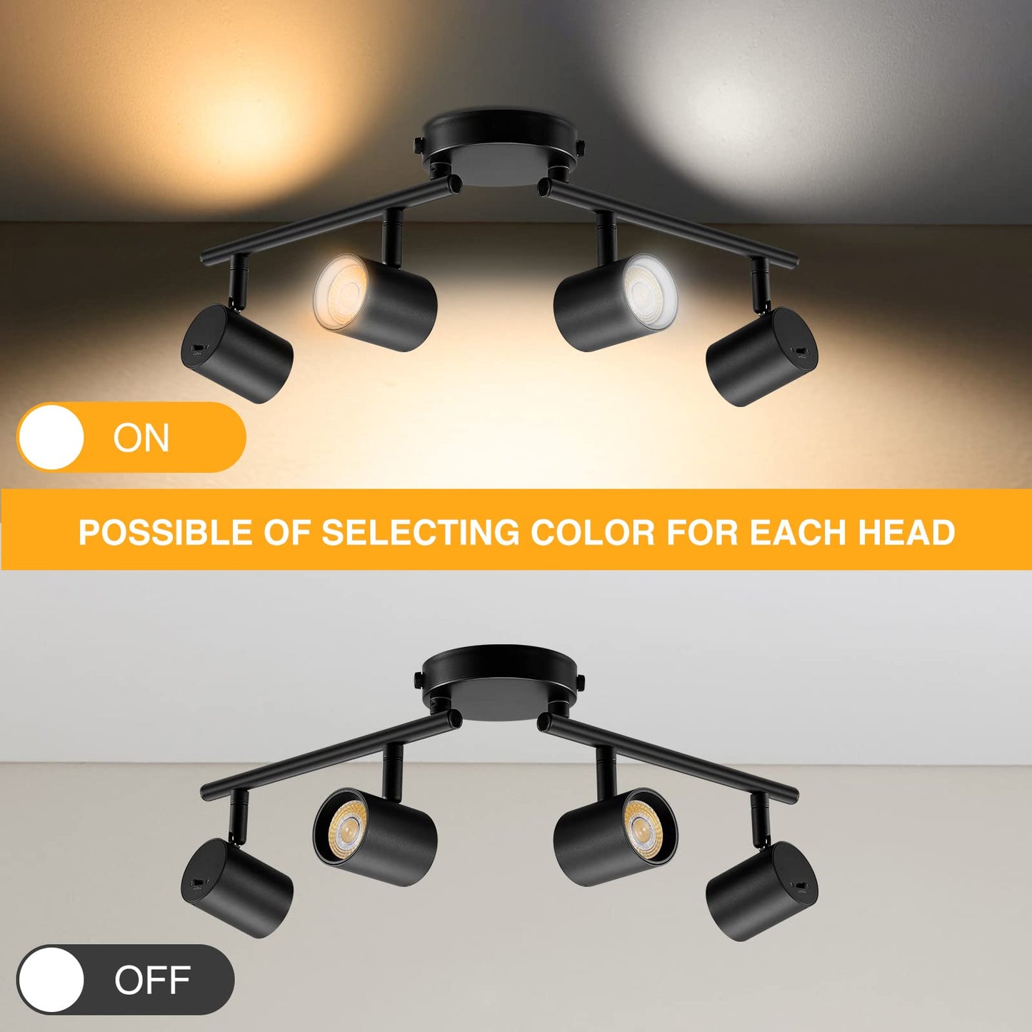 VANoopee 5-Color 4 Light Black LED Track Lighting Fixtures Ceiling for Kitchen, Dimmable Track Lighting Kit, Ceiling Spotlight Flush Mount Adjustable Directional Spot Lights Indoor, CRI90 2400lm 30W