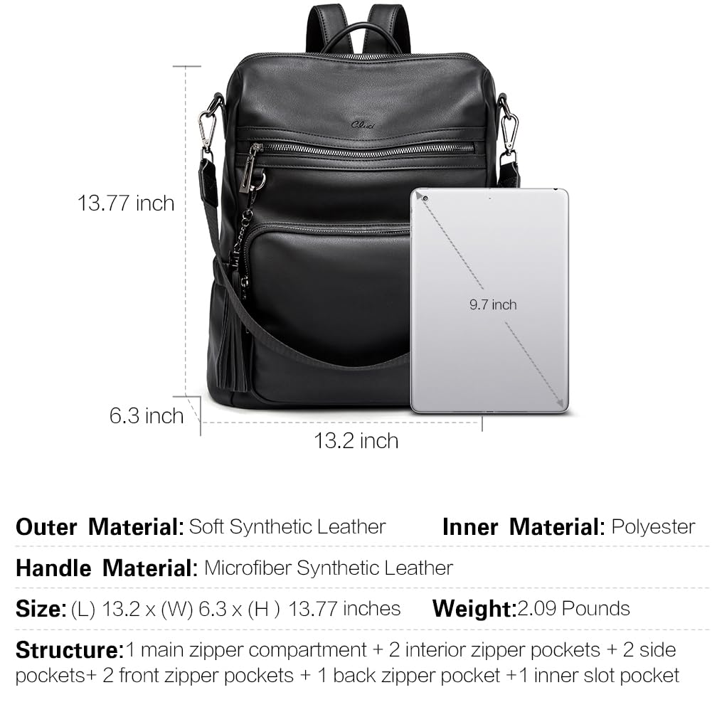 CLUCI Backpack Purse for Women Black Backpack Leather Large Travel Fashion Designer Convertible Ladies Work Bags