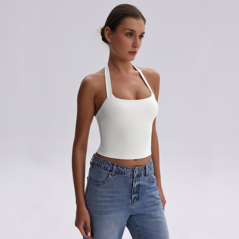 ABOCIW Workout Halter Tops for Women with Built in Bra Square Neck Longline Sports Bra Padded Yoga Pilates Tops Backless Gym Athletic Crop Tank Top White Medium