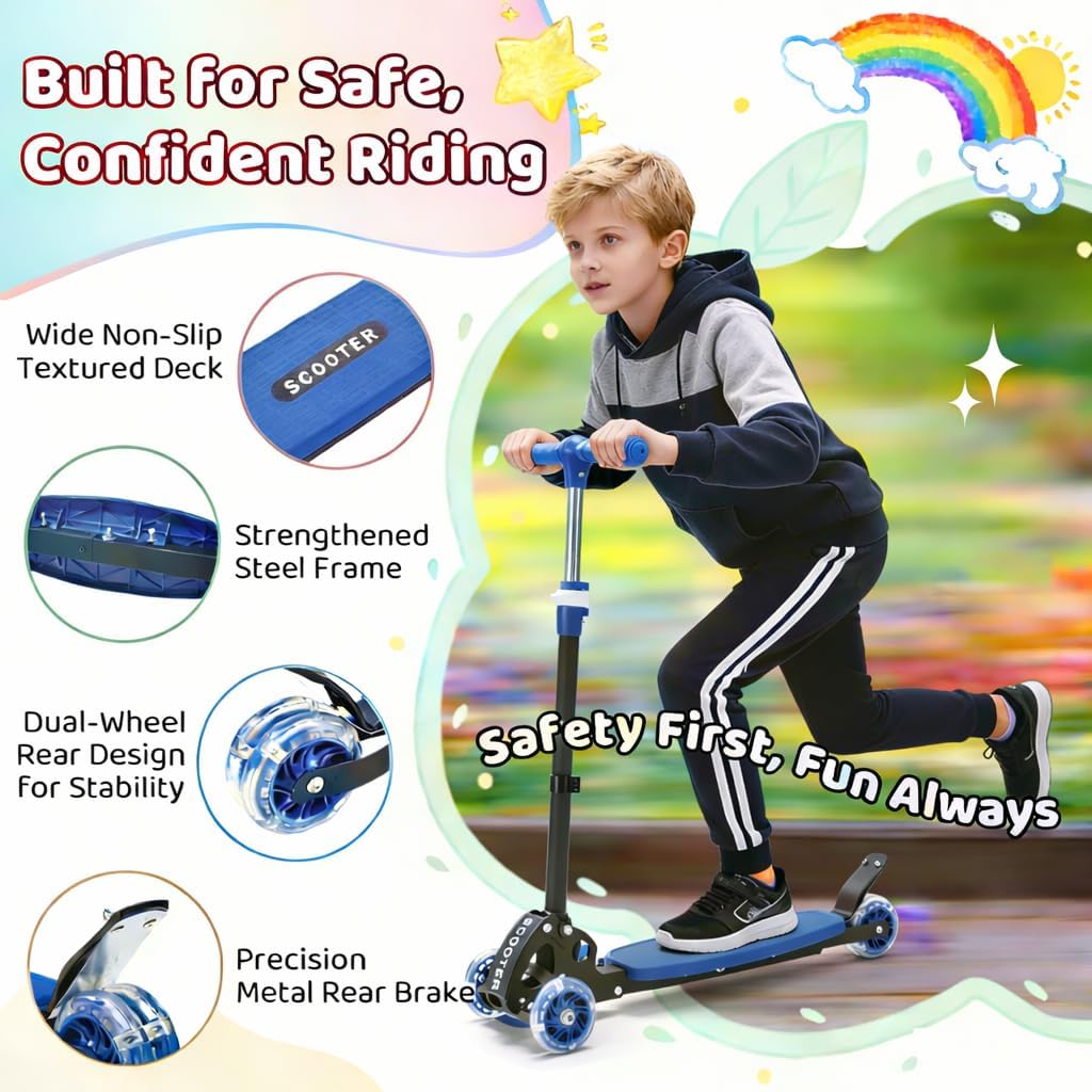 Skiennix Kick Scooter for Kids | Adjustable 28"-32" Handlebar | Light-Up Wheels & Anti-Slip Deck