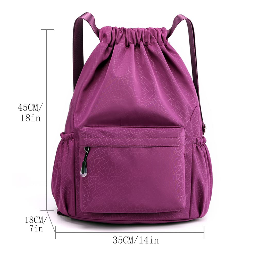 HOLYLUCK Drawstring Backpack Sports Gym Bag Water Resistant String Bag Cinch Sackpack with Side Zipper Pocket for Shopping Sport Yoga-purple