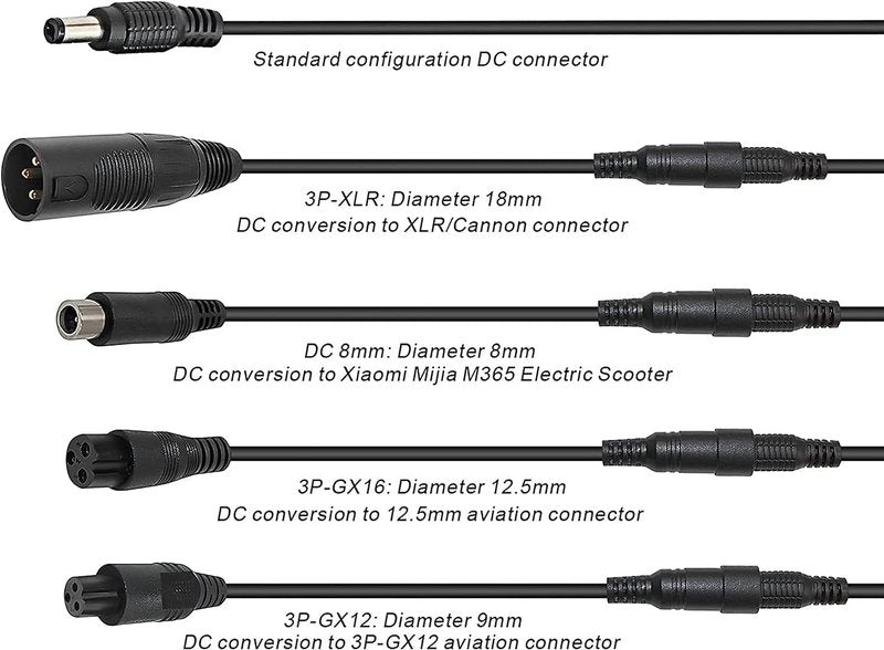 42V 2A Charger 5 Plugs for Scooter 36V Lithium Battery, Pack DC 5.5 * 2.1 /DC 5.5 * 2.5mm/ 8mm 3 Prong/ 8mm RCA/ 3-Pin Male XLR Connector