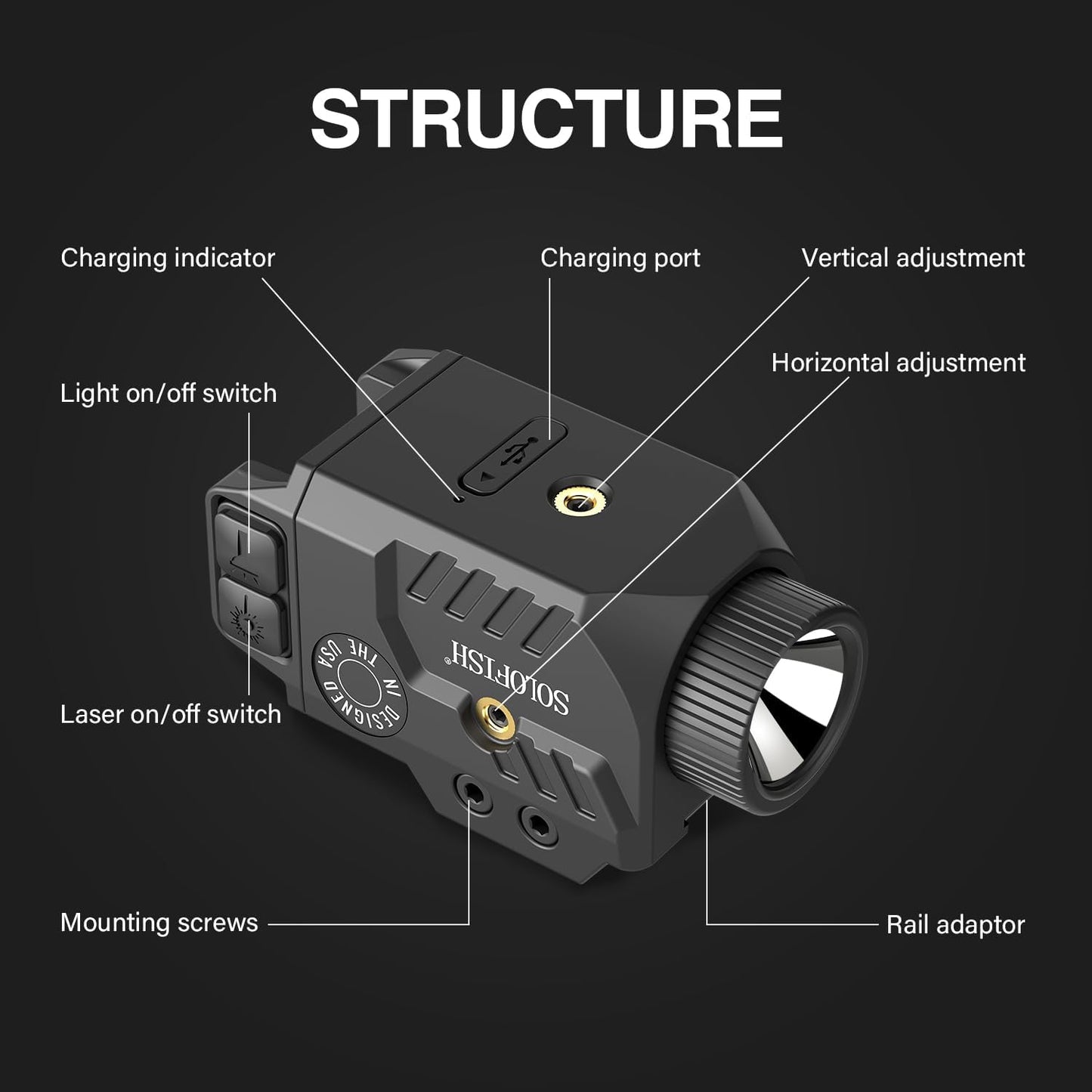 Solofish 800LM Adjustable Pistol Light - Shockproof Blue Laser Sight & Strobe Function | Rechargeable