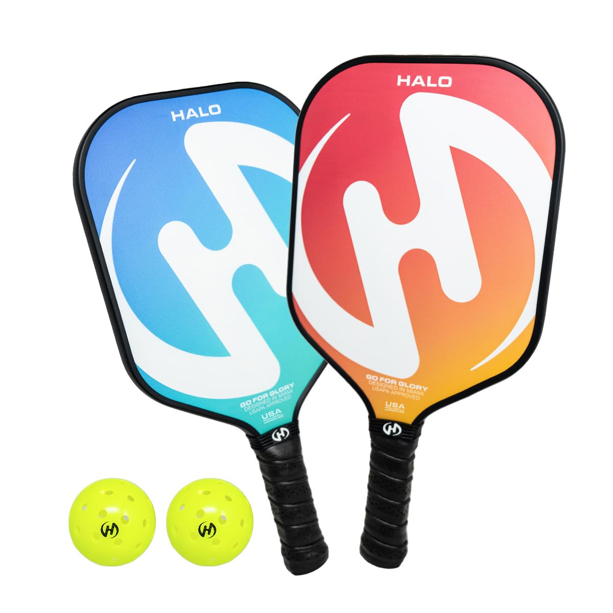 HALO PICKLEBALL Set of 2 Paddles with 4 PICKLEBALLS and Carrying Bag, Fiberglass Surface Pickleball Paddles - Durable Pickleball Paddles Set for 2 - Pickleball Bundle