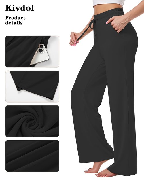 Kivdol Womens Yoga Sweatpants Wide Leg Lounge Pajamas Pants Drawstring Workout Comfy Joggers Sweatpants Pants Pockets Black