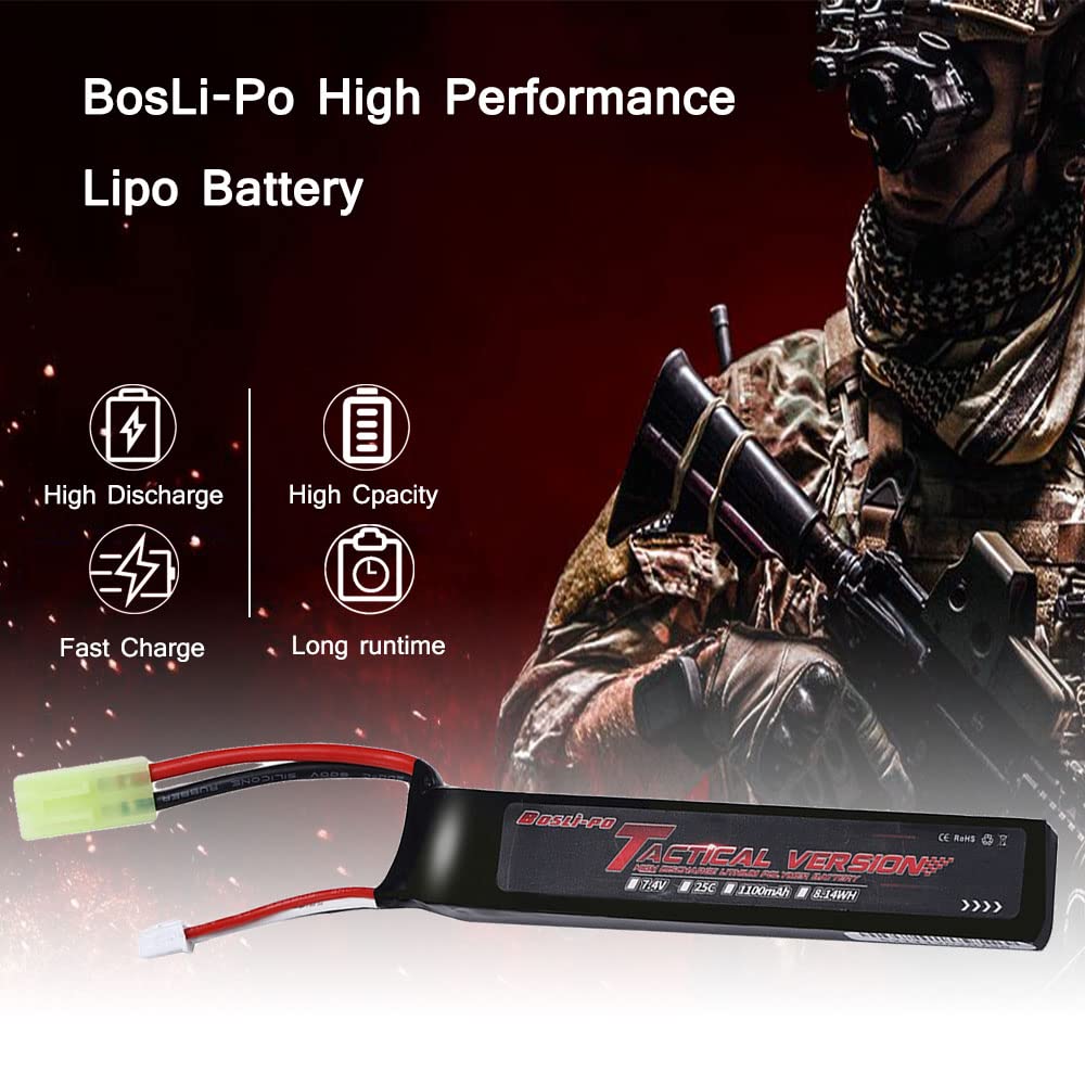 BosLi-Po Airsoft Battery 7.4V 1100mAh Rechargeable High Power 2S 25C LiPo Airsoft Batteries with Mini Tamiya Connector for Airsoft Guns
