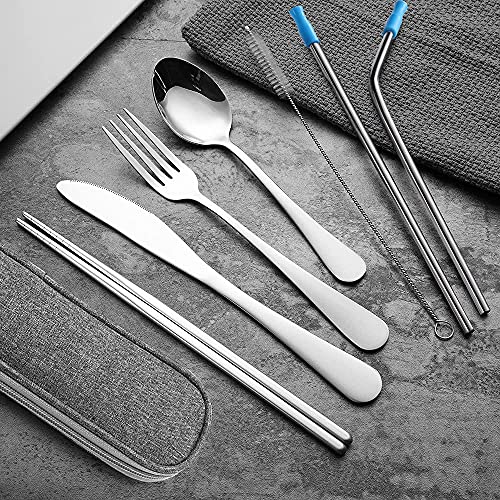 Portable Stainless Steel Travel Utensils Set - 8 Pieces, Silver