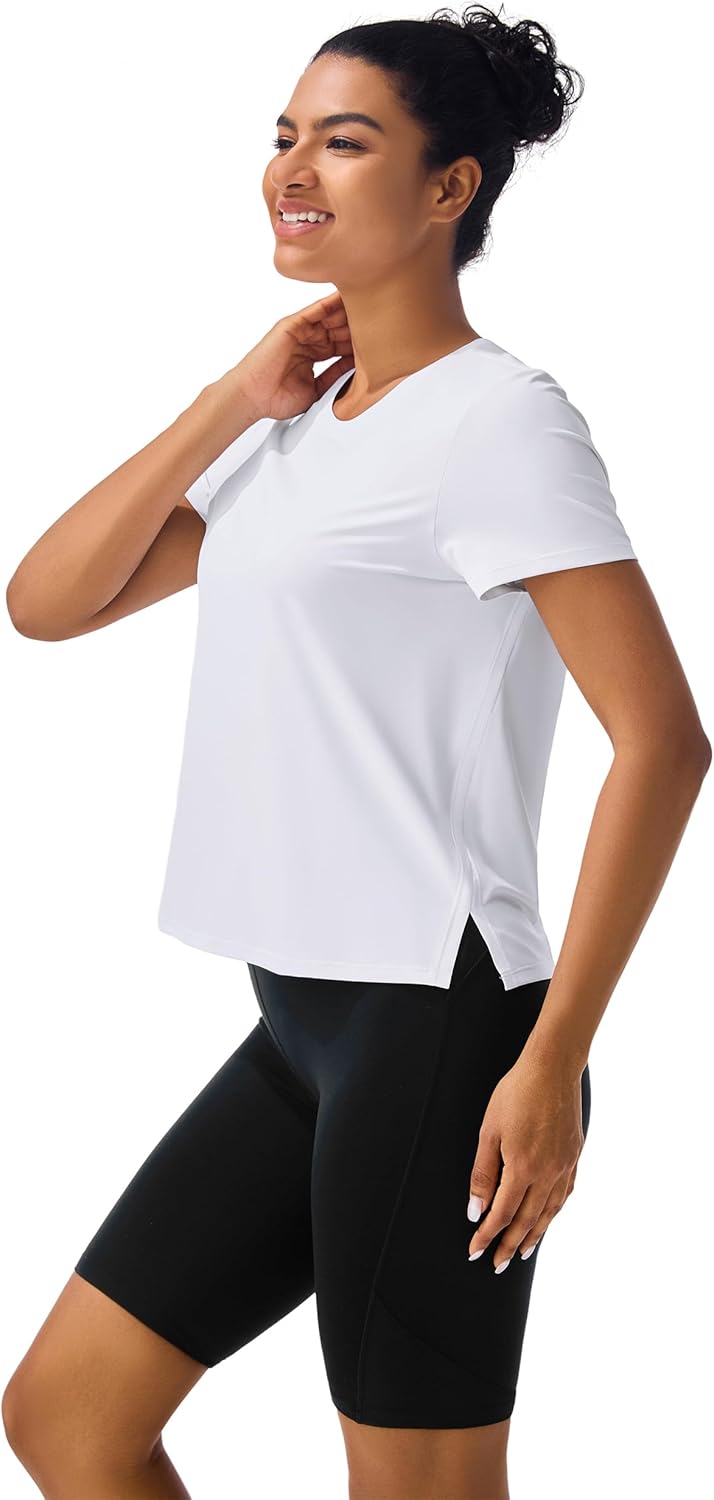 Skiennix Women's Ice Silk Athletic Tee - Short Sleeve, Loose Fit with Side Slits, Perfect for Workouts