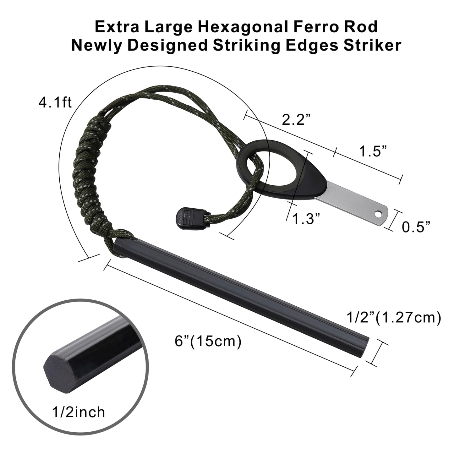 Flint and Steel Fire Starter Kit, 6-inch x 1/2-inch Ferro Rod with Paracord Lanyard Handle and New Striker, Thick Fire Steel up to 20,000 Strikes, Emergency Survival Tool for Hiking and Camping (1)