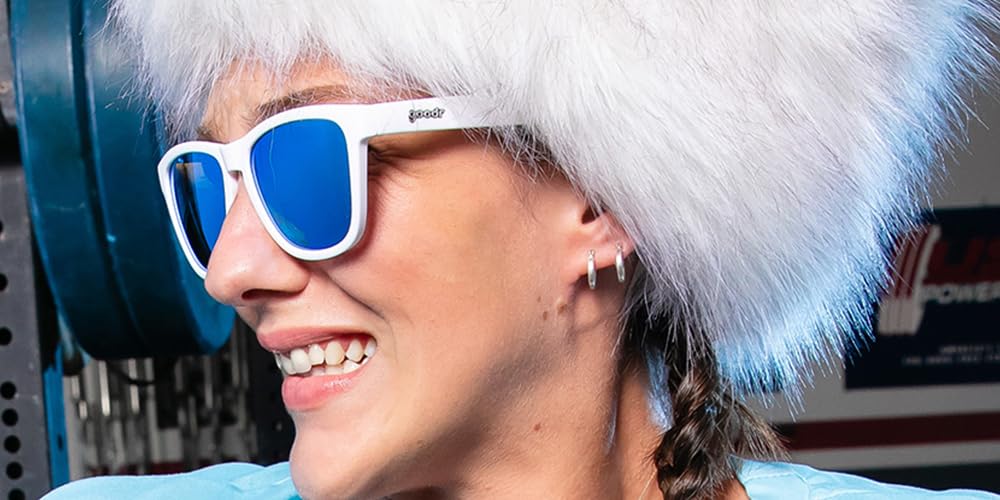 goodr Iced By Yetis Polarized Sunglasses for Men & Women, White Solid Frame with Blue Reflective Lens, UV400 Protection, No Slip